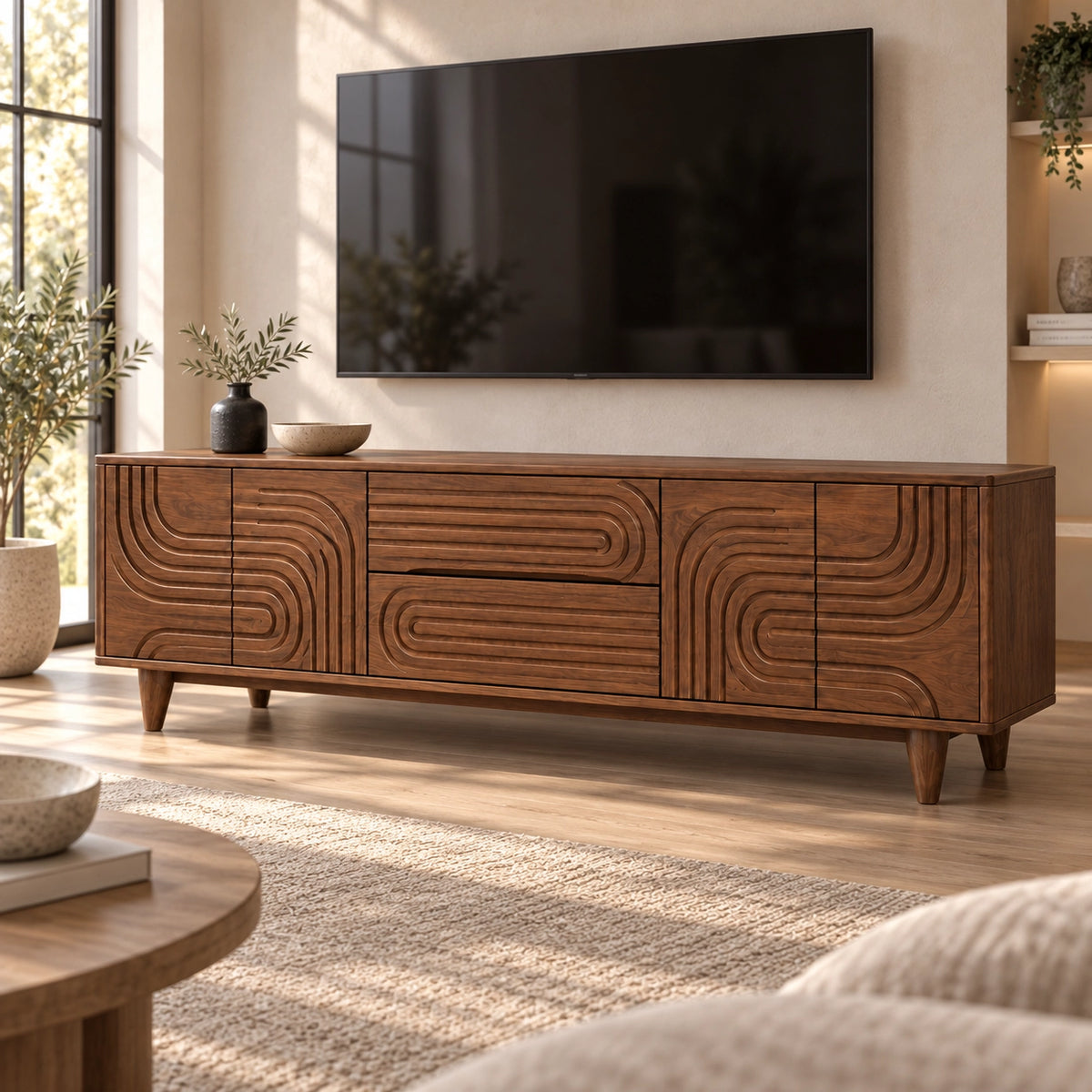 TV Stand with Geometric Carved Doors in Natural Solid Wood for Living - Rustiracraft - 4