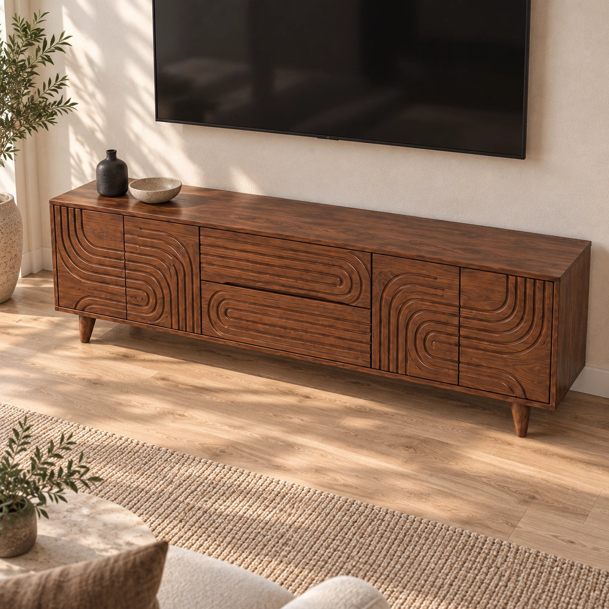 TV Stand with Geometric Carved Doors in Natural Solid Wood for Living - Rustiracraft - 5
