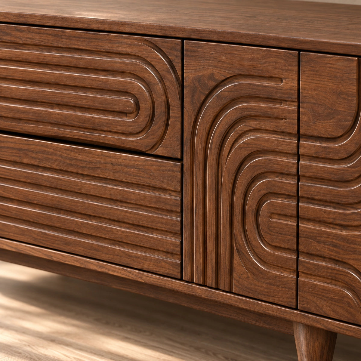 TV Stand with Geometric Carved Doors in Natural Solid Wood for Living - Rustiracraft - 6