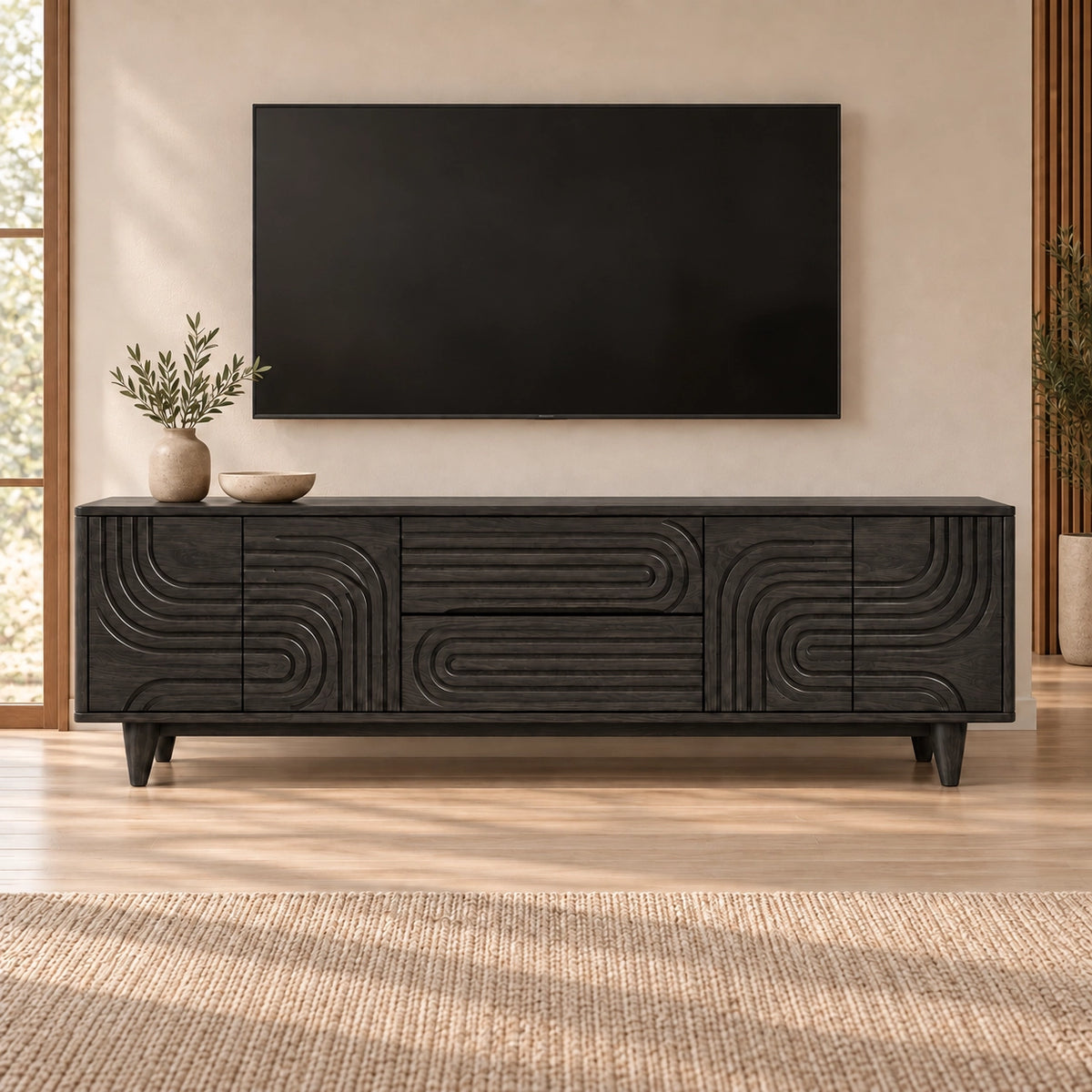 TV Stand with Geometric Carved Doors in Natural Solid Wood for Living - Rustiracraft - 8