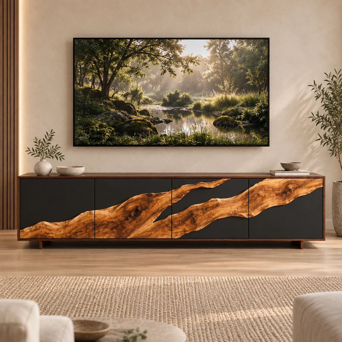 TV Stand with Live-Edge Natural Solid Wood Accents for Six Sizes. - Rustiracraft - 1