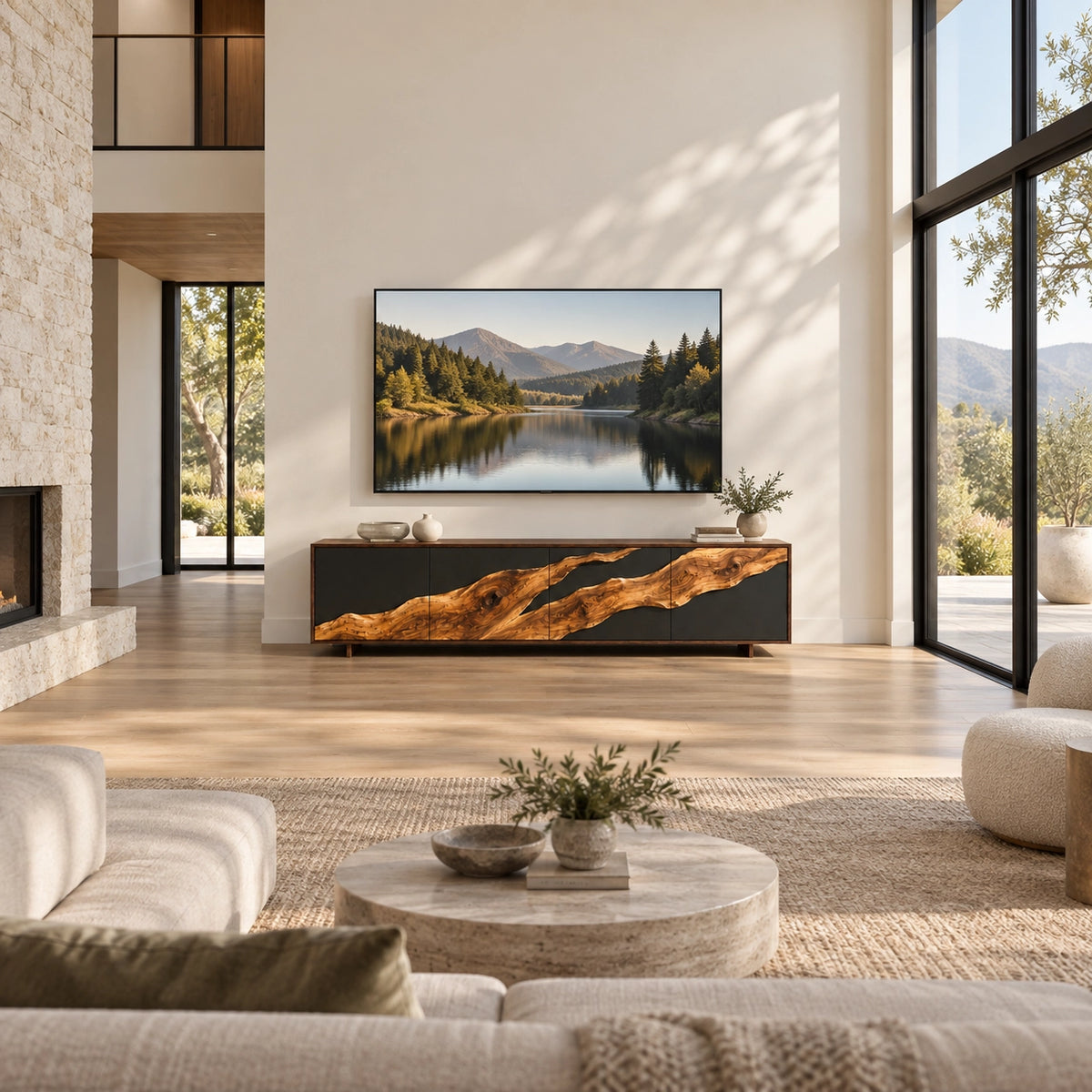 TV Stand with Live-Edge Natural Solid Wood Accents for Six Sizes. - Rustiracraft - 2