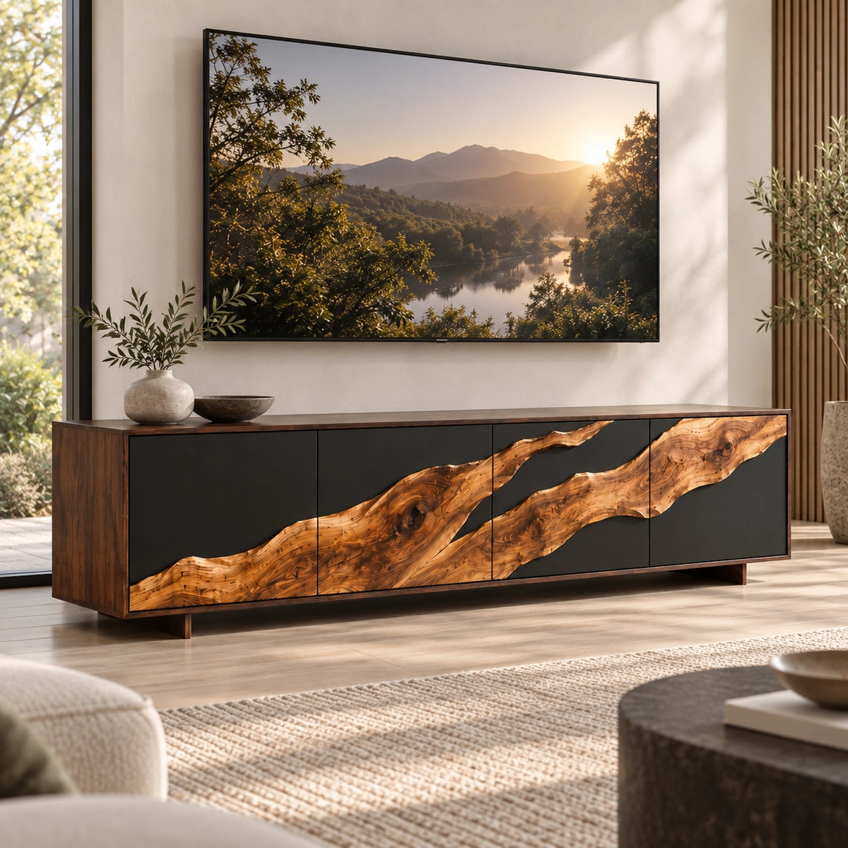 TV Stand with Live-Edge Natural Solid Wood Accents for Six Sizes. - Rustiracraft - 3