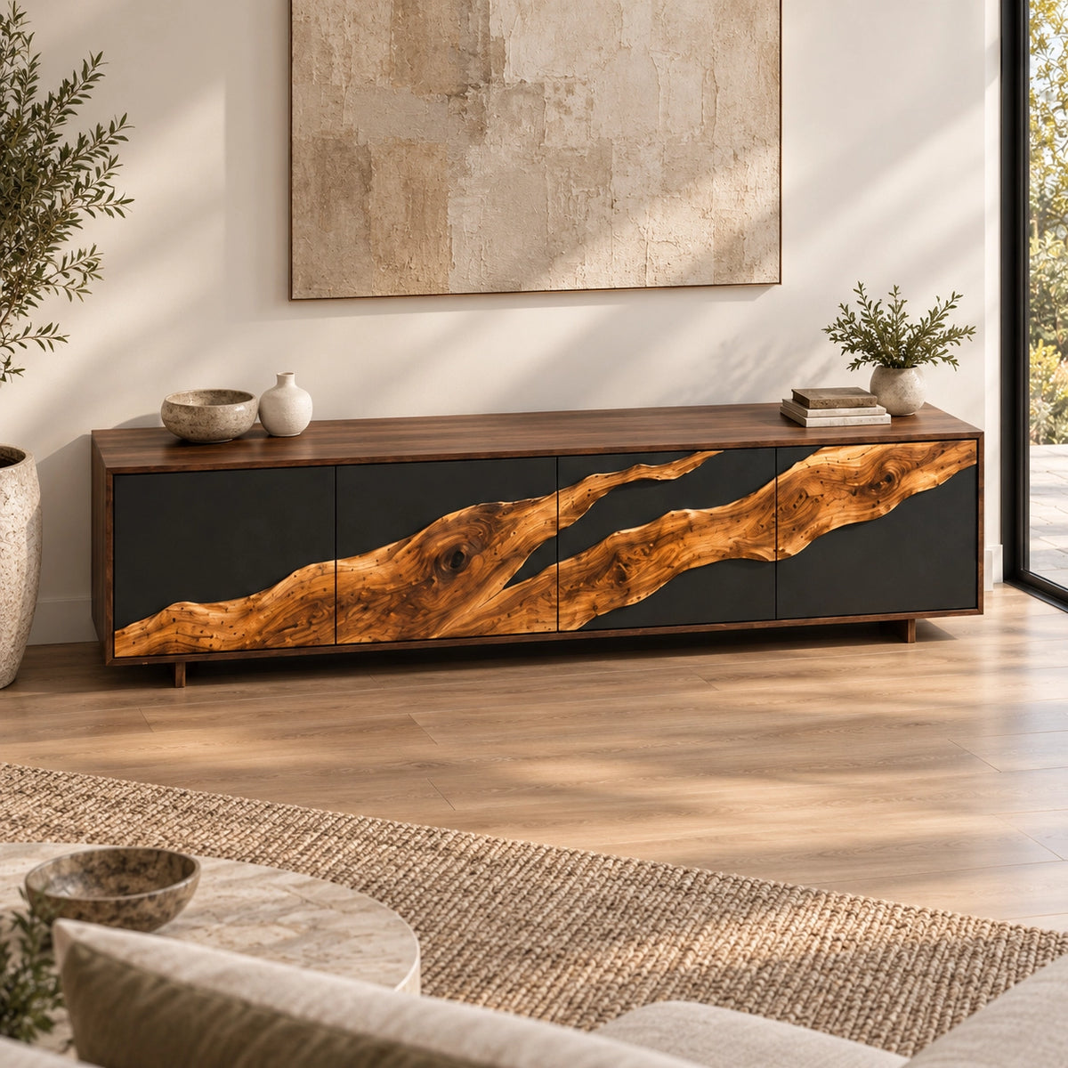 TV Stand with Live-Edge Natural Solid Wood Accents for Six Sizes. - Rustiracraft - 4
