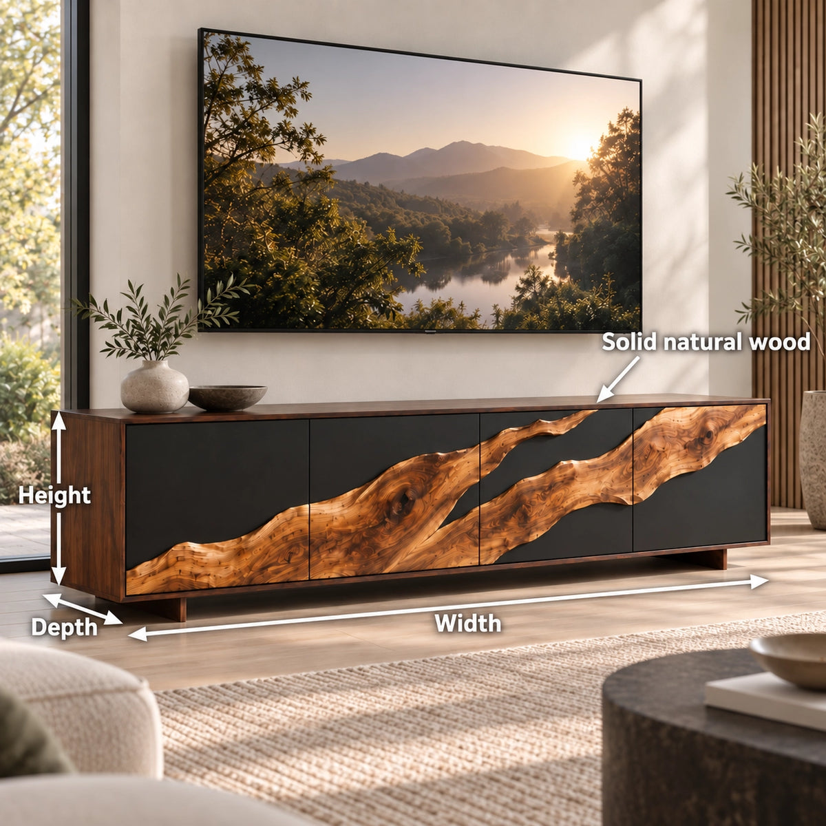 TV Stand with Live-Edge Natural Solid Wood Accents for Six Sizes. - Rustiracraft - 6