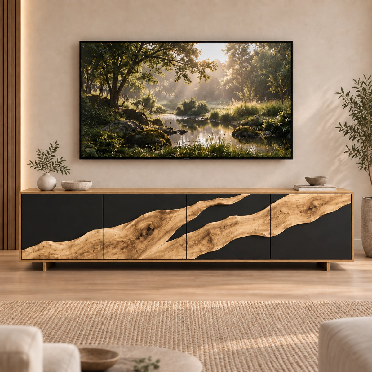 TV Stand with Live-Edge Natural Solid Wood Accents for Six Sizes. - Rustiracraft - 8