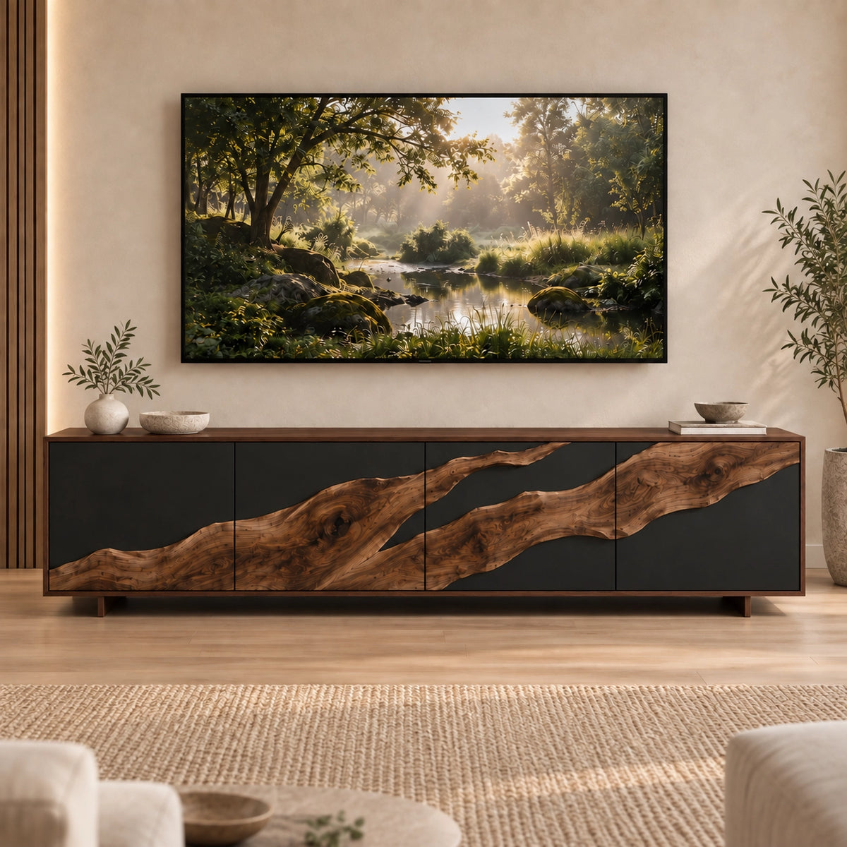TV Stand with Live-Edge Natural Solid Wood Accents for Six Sizes. - Rustiracraft - 9