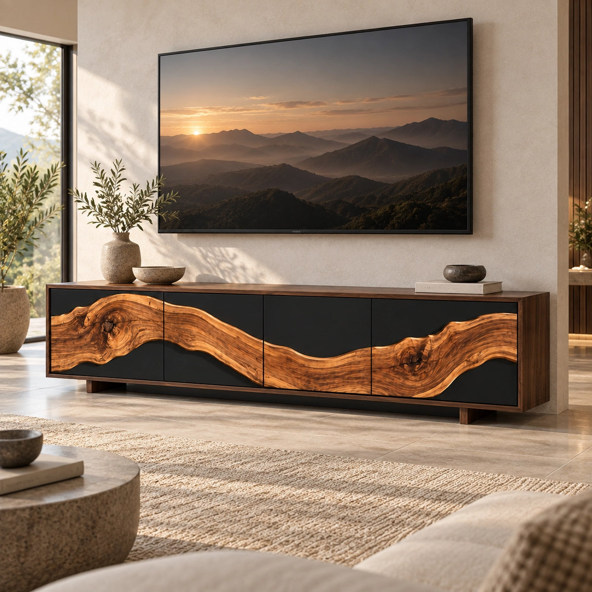 TV Stand with Live-Edge Sculptural Doors in Natural Solid Wood for Living - Rustiracraft - 1