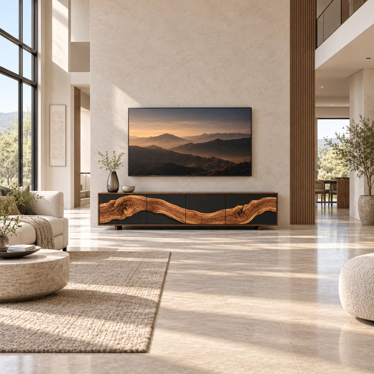 TV Stand with Live-Edge Sculptural Doors in Natural Solid Wood for Living - Rustiracraft - 2