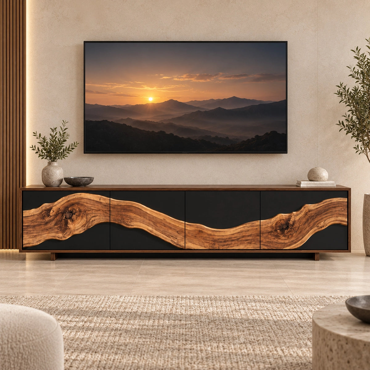 TV Stand with Live-Edge Sculptural Doors in Natural Solid Wood for Living - Rustiracraft - 3