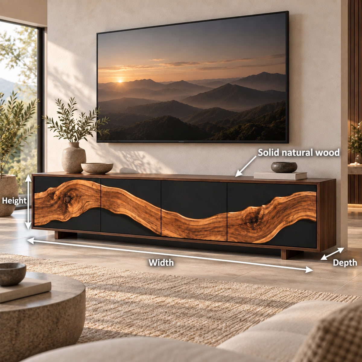 TV Stand with Live-Edge Sculptural Doors in Natural Solid Wood for Living - Rustiracraft - 6