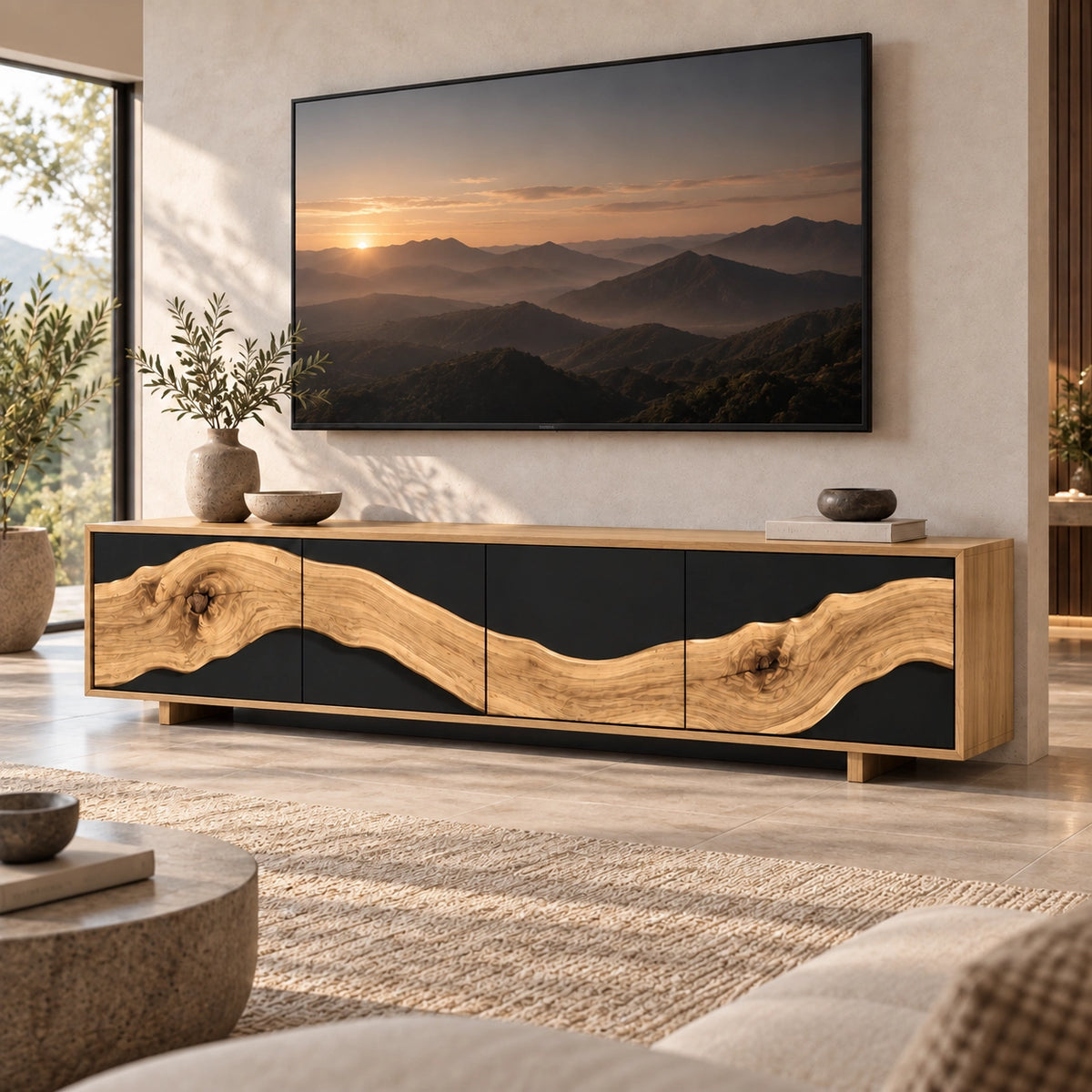 TV Stand with Live-Edge Sculptural Doors in Natural Solid Wood for Living - Rustiracraft - 8