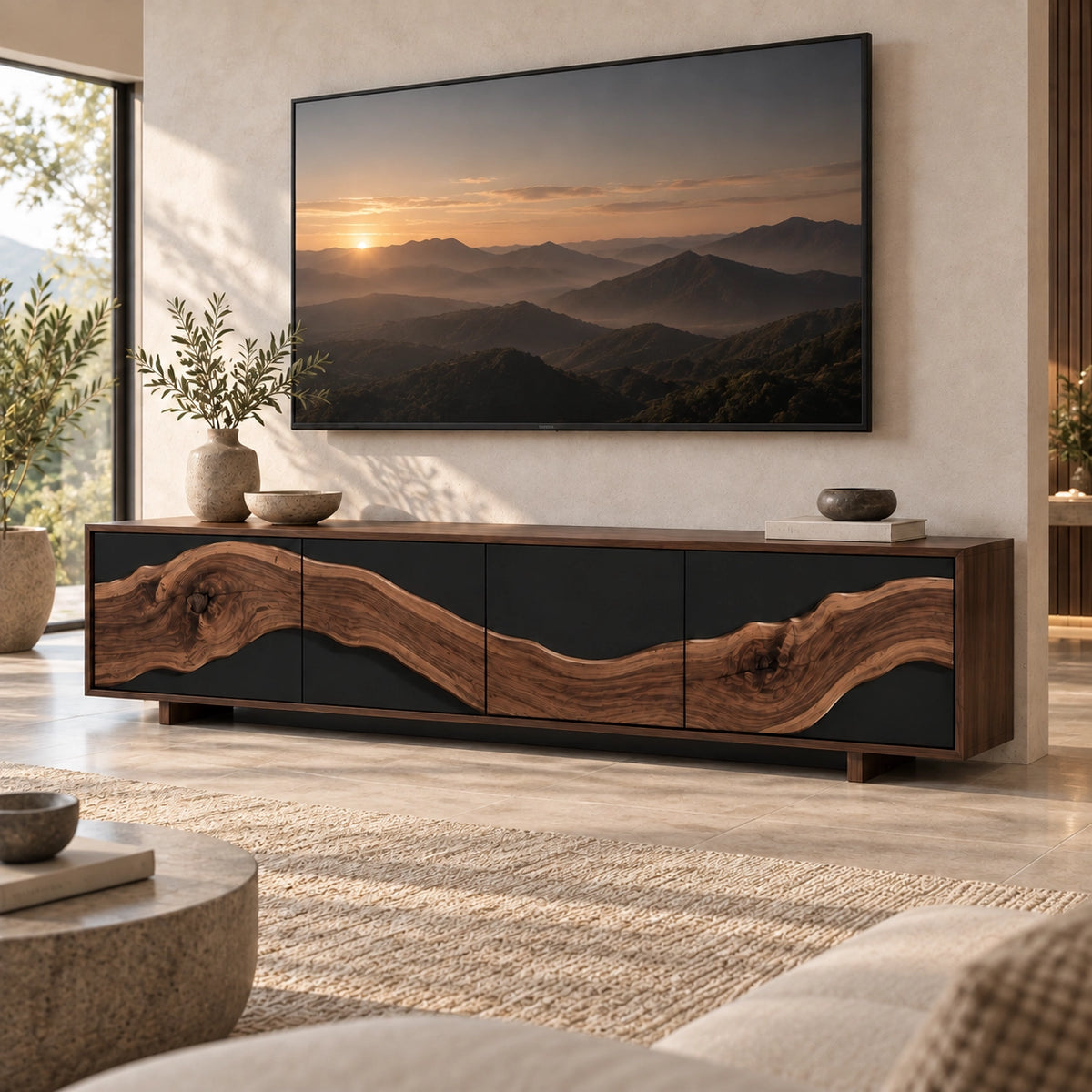 TV Stand with Live-Edge Sculptural Doors in Natural Solid Wood for Living - Rustiracraft - 9