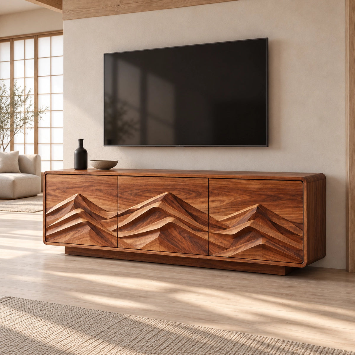 TV Stand with Mountain-Carved Cabinet Doors in Natural Solid Wood - Rustiracraft - 1