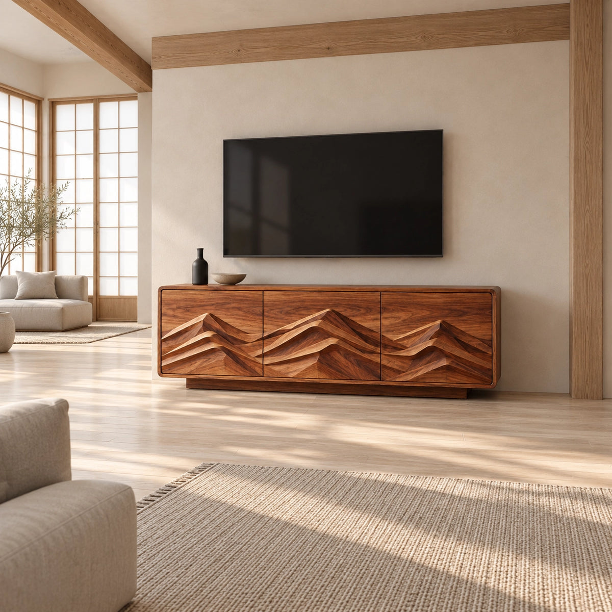 TV Stand with Mountain-Carved Cabinet Doors in Natural Solid Wood - Rustiracraft - 2