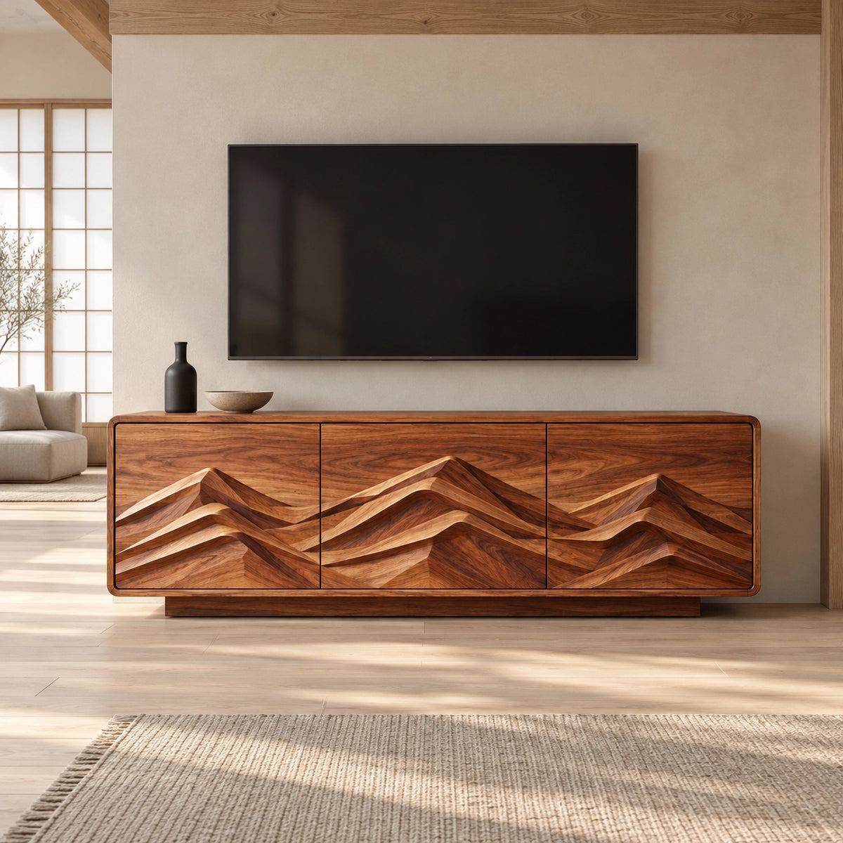 TV Stand with Mountain-Carved Cabinet Doors in Natural Solid Wood - Rustiracraft - 3