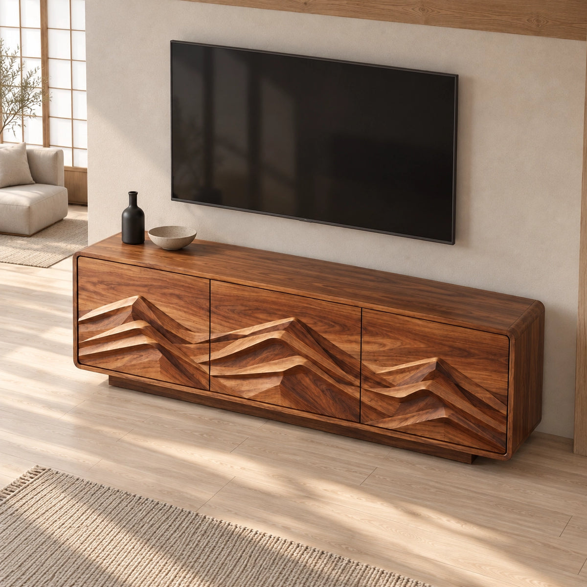 TV Stand with Mountain-Carved Cabinet Doors in Natural Solid Wood - Rustiracraft - 4
