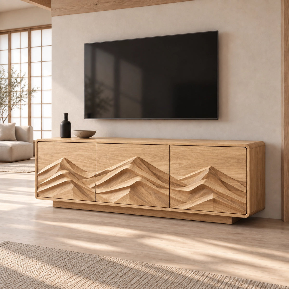 TV Stand with Mountain-Carved Cabinet Doors in Natural Solid Wood - Rustiracraft - 8