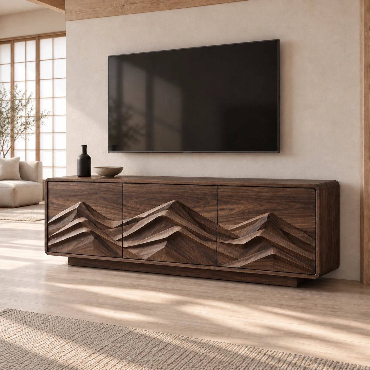 TV Stand with Mountain-Carved Cabinet Doors in Natural Solid Wood - Rustiracraft - 9