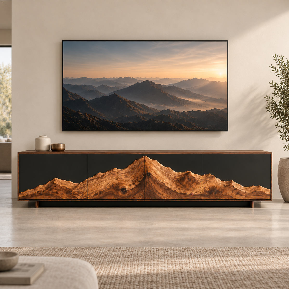 TV Stand with Mountain-Carved Natural Solid Wood Cabinet Doors in Six Sizes - Rustiracraft - 1
