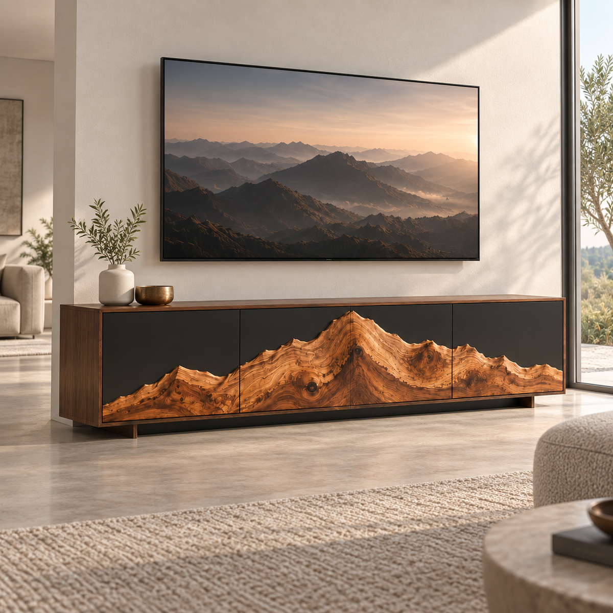 TV Stand with Mountain-Carved Natural Solid Wood Cabinet Doors in Six Sizes - Rustiracraft - 3