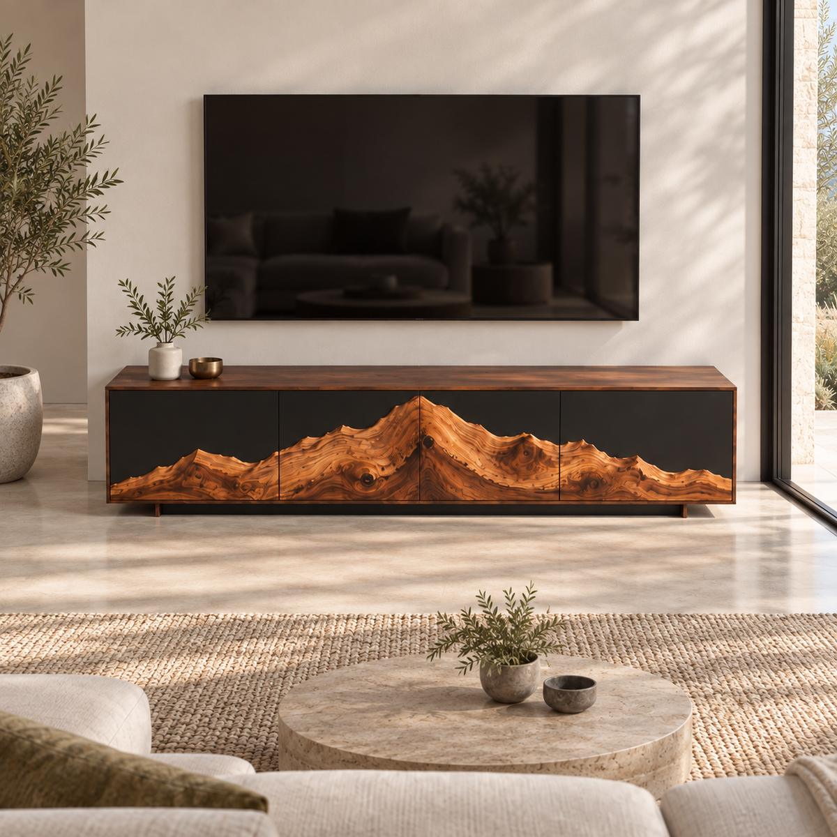 TV Stand with Mountain-Carved Natural Solid Wood Cabinet Doors in Six Sizes - Rustiracraft - 4