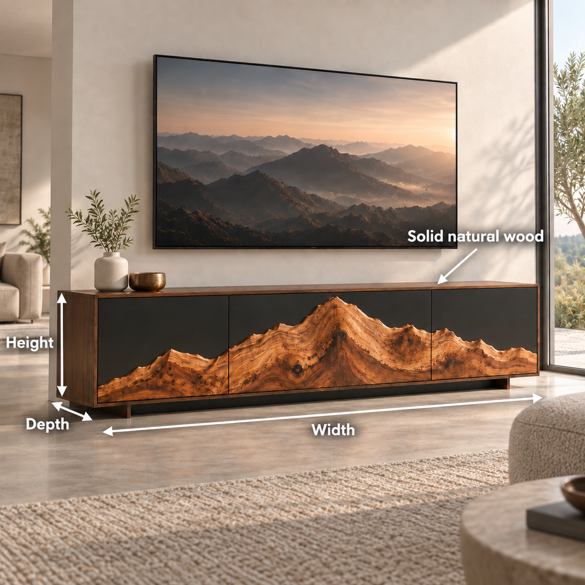 TV Stand with Mountain-Carved Natural Solid Wood Cabinet Doors in Six Sizes - Rustiracraft - 6