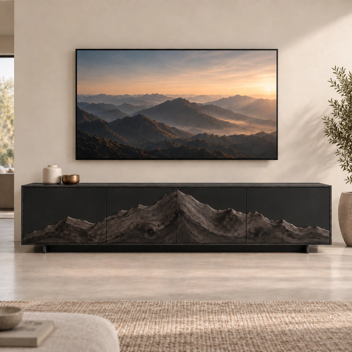 TV Stand with Mountain-Carved Natural Solid Wood Cabinet Doors in Six Sizes - Rustiracraft - 7