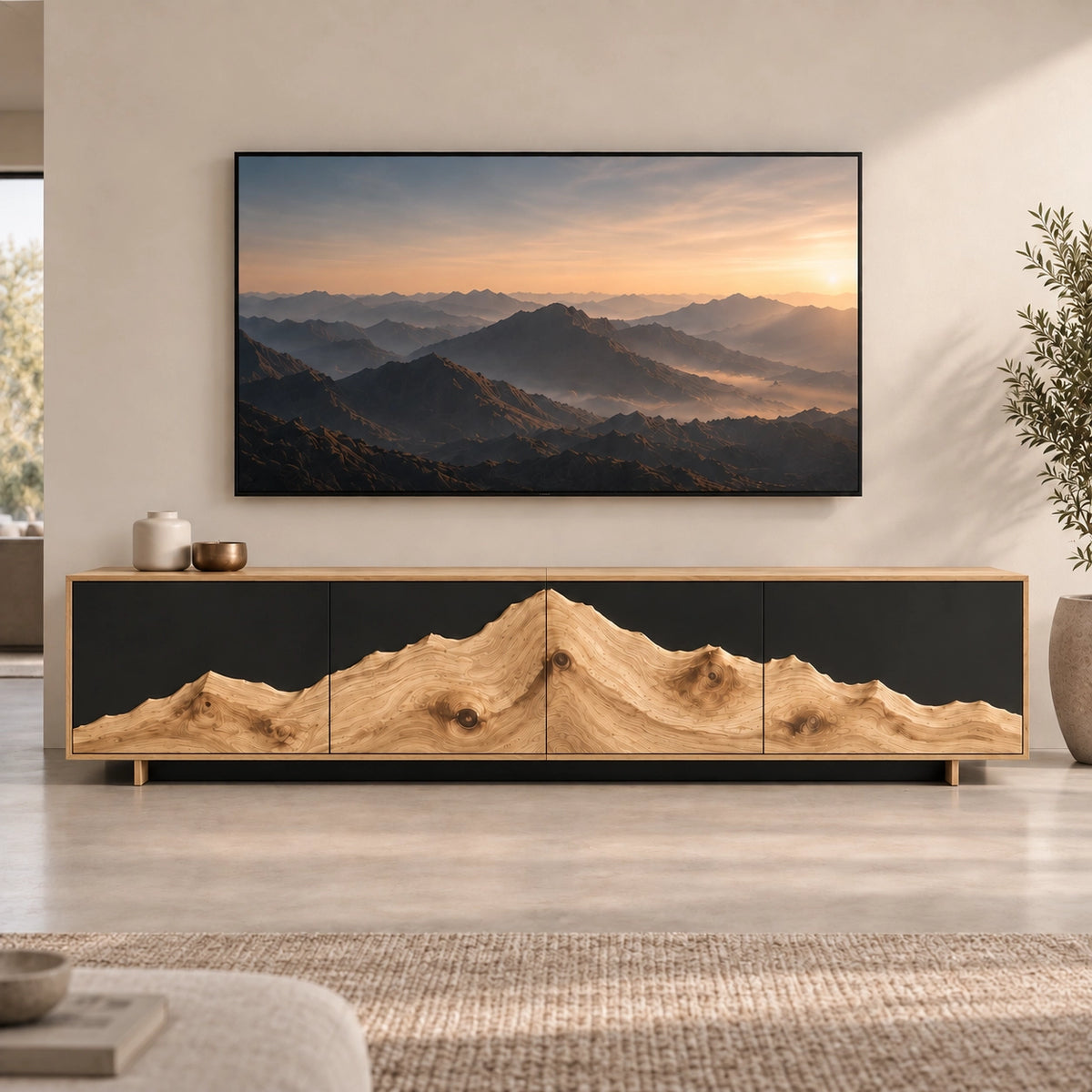 TV Stand with Mountain-Carved Natural Solid Wood Cabinet Doors in Six Sizes - Rustiracraft - 8