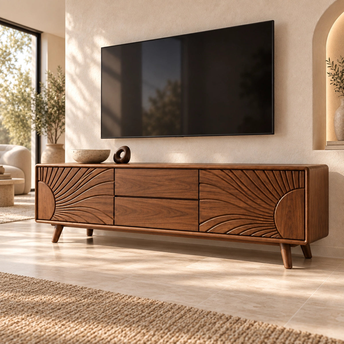 TV Stand with Radiant Carved Storage in Natural Solid Wood for Six Sizes - Rustiracraft - 1