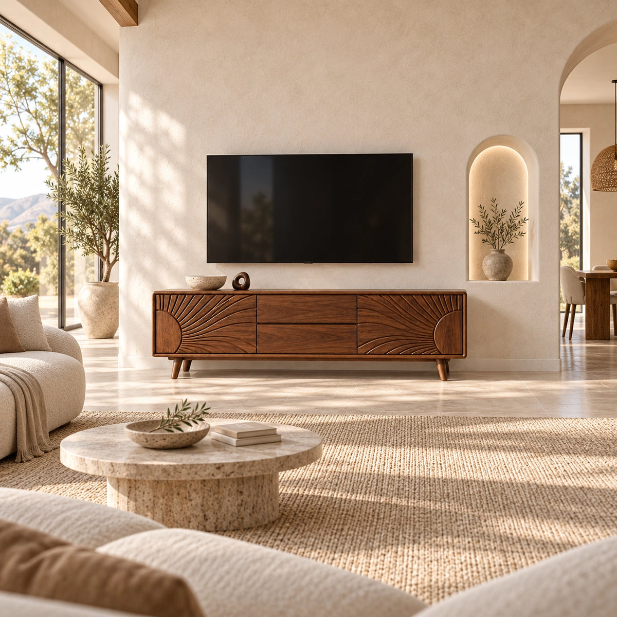 TV Stand with Radiant Carved Storage in Natural Solid Wood for Six Sizes - Rustiracraft - 2