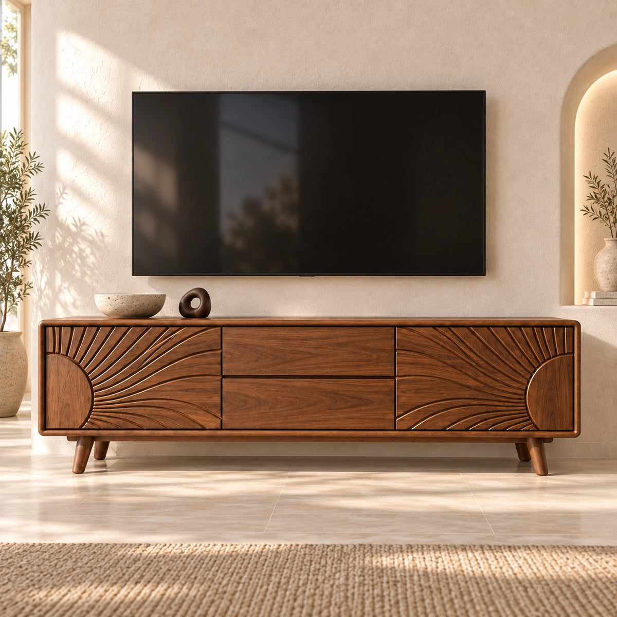TV Stand with Radiant Carved Storage in Natural Solid Wood for Six Sizes - Rustiracraft - 3