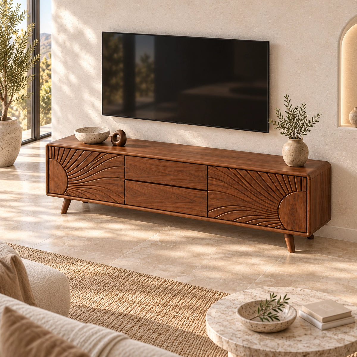 TV Stand with Radiant Carved Storage in Natural Solid Wood for Six Sizes - Rustiracraft - 4