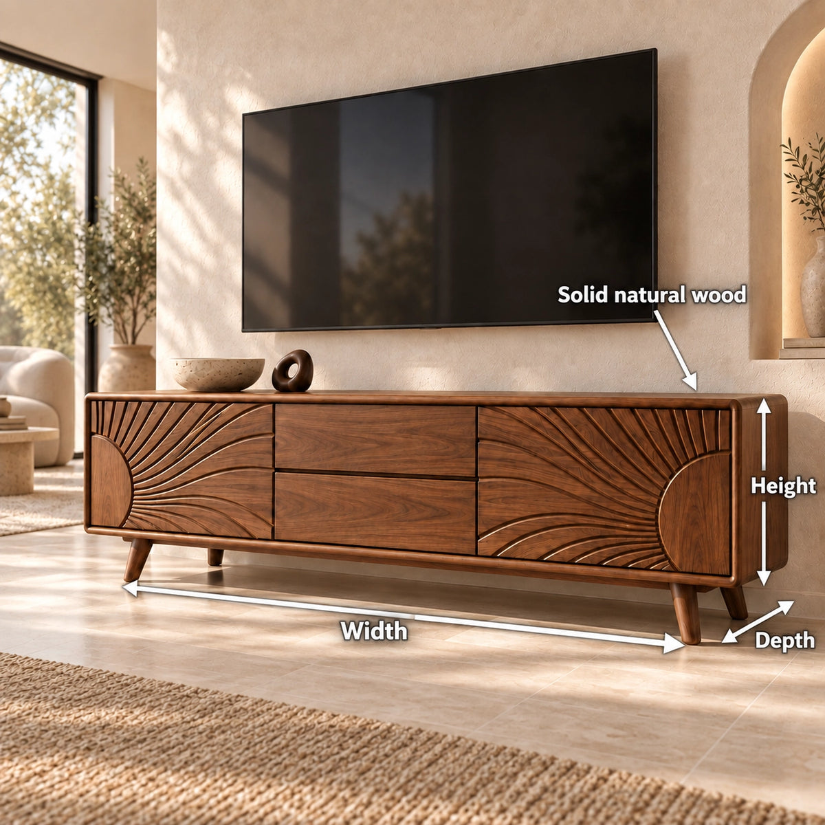 TV Stand with Radiant Carved Storage in Natural Solid Wood for Six Sizes - Rustiracraft - 6