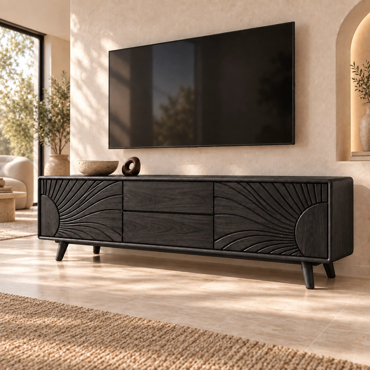 TV Stand with Radiant Carved Storage in Natural Solid Wood for Six Sizes - Rustiracraft - 7