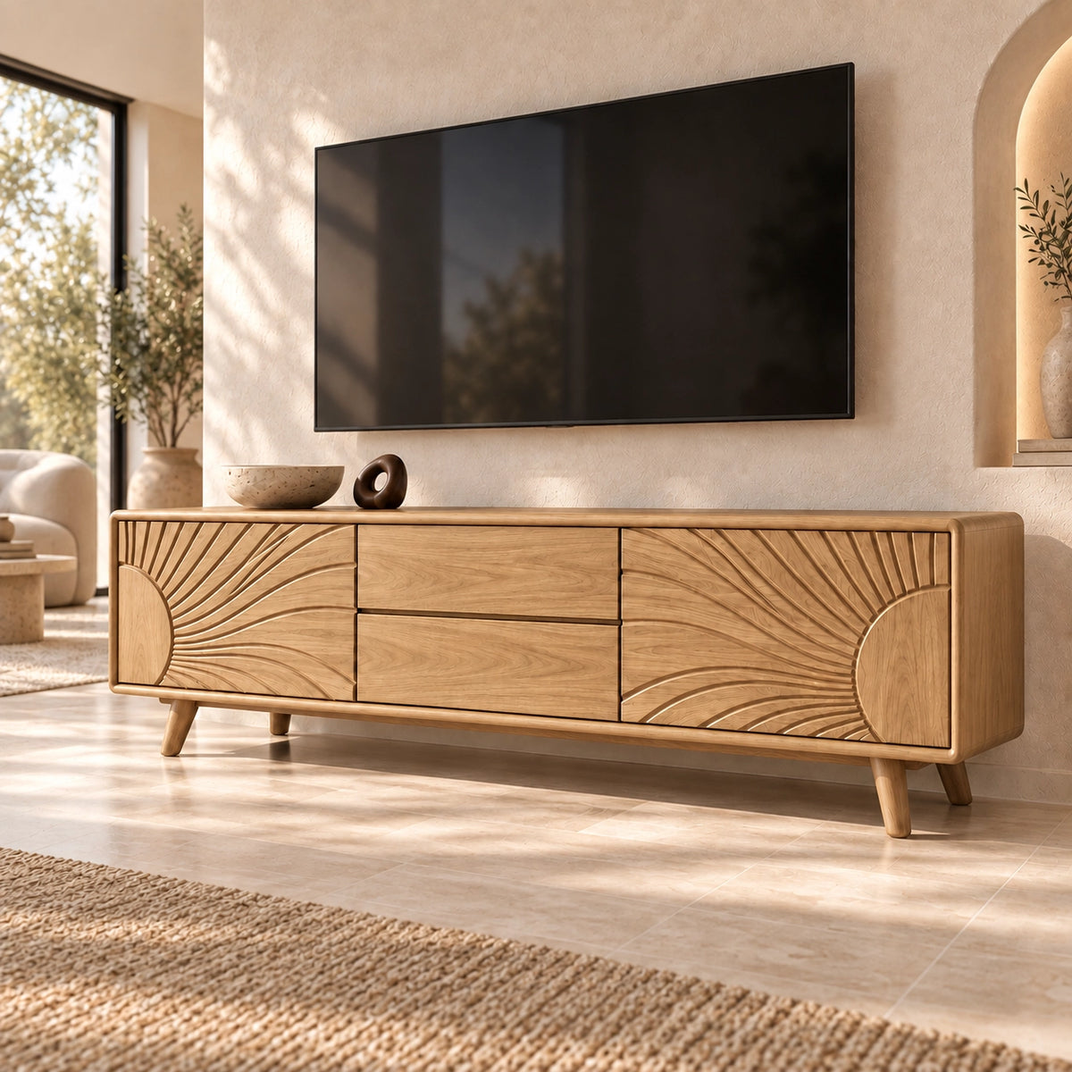 TV Stand with Radiant Carved Storage in Natural Solid Wood for Six Sizes - Rustiracraft - 8