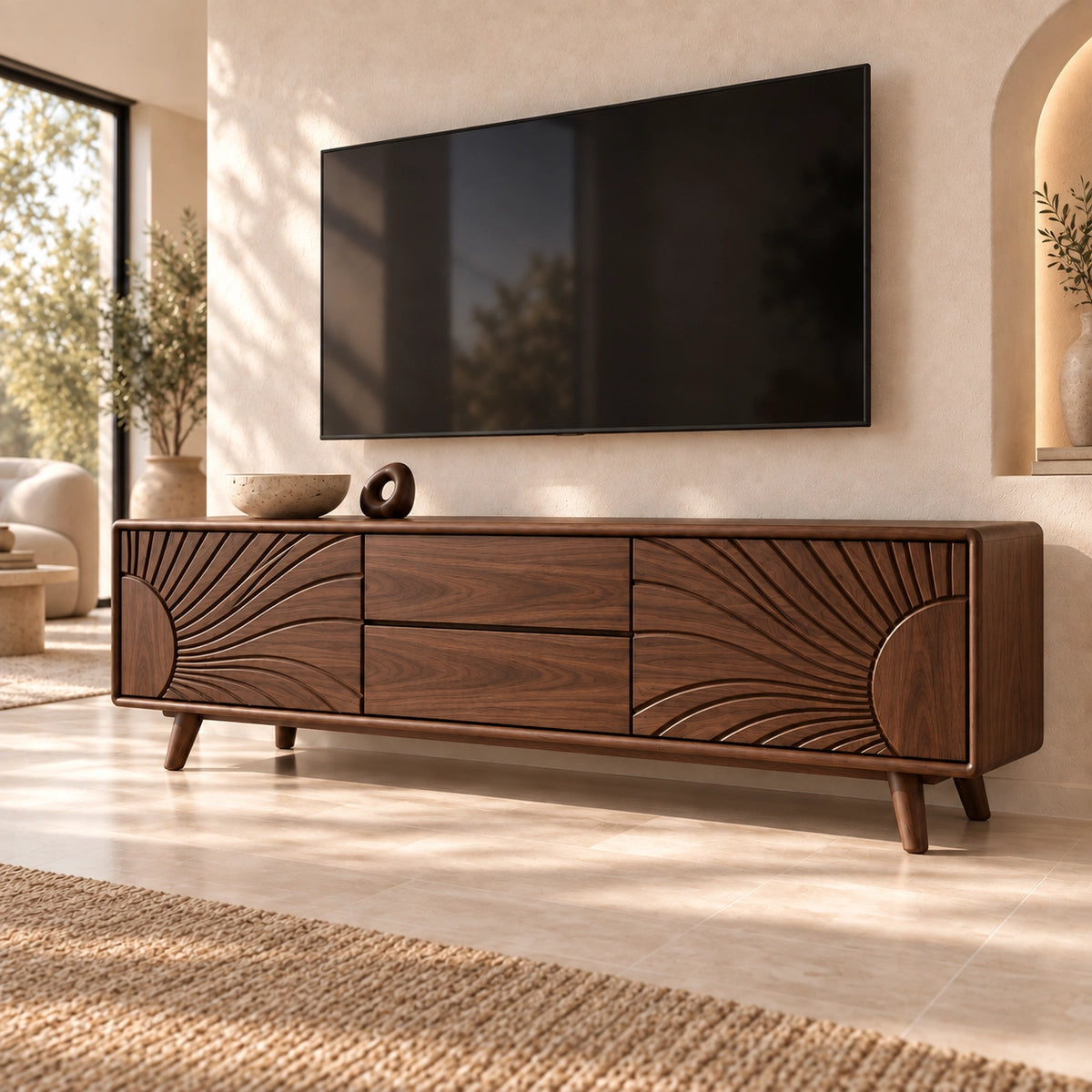 TV Stand with Radiant Carved Storage in Natural Solid Wood for Six Sizes - Rustiracraft - 9