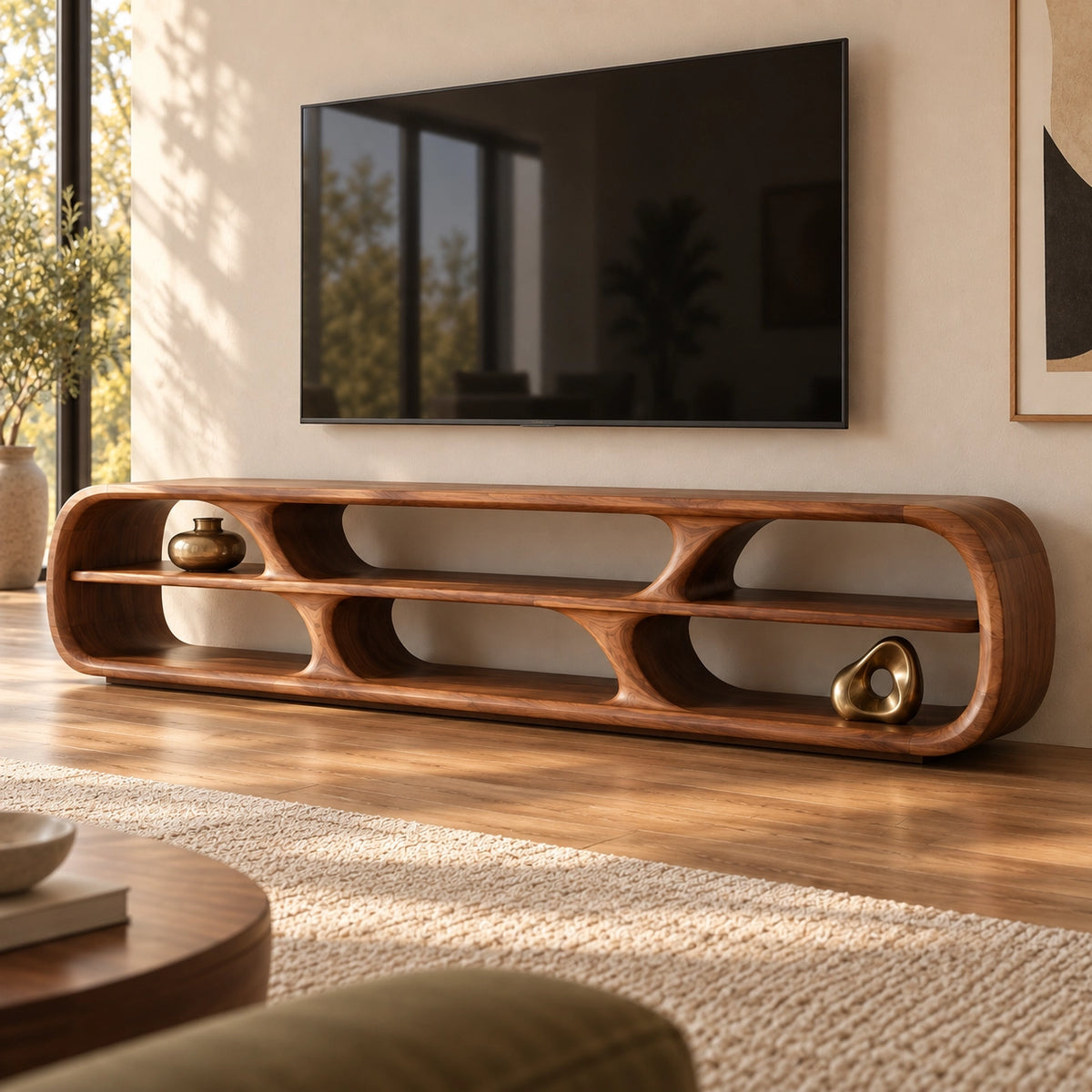 TV Stand with Rounded Open Storage Compartments in Natural Solid Wood - Rustiracraft - 1
