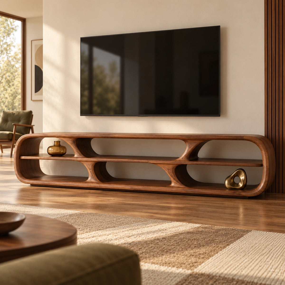 TV Stand with Rounded Open Storage Compartments in Natural Solid Wood - Rustiracraft - 3