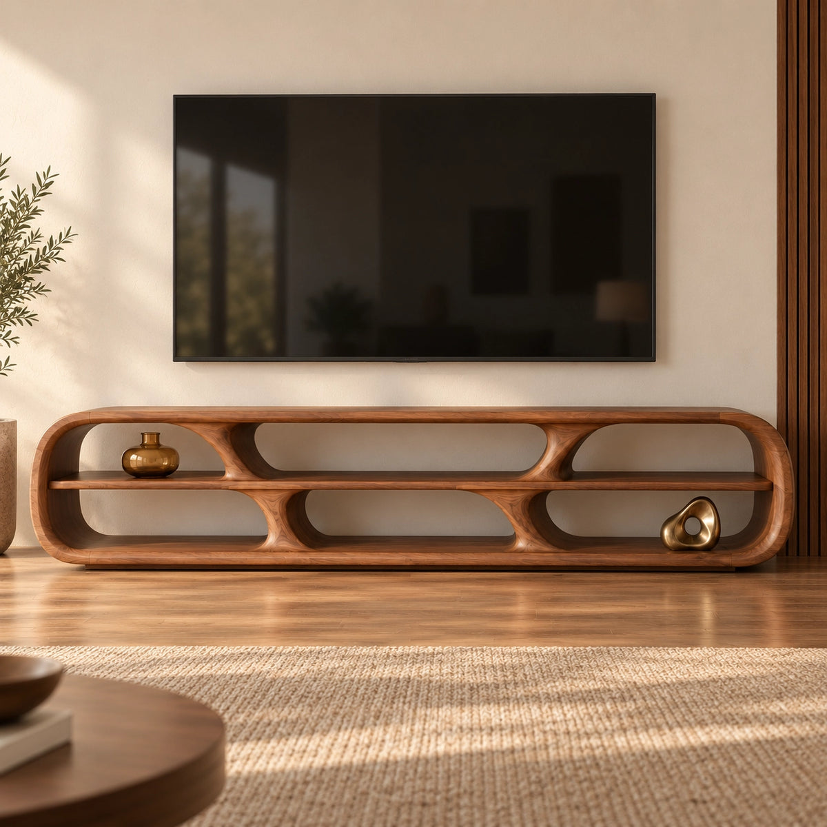 TV Stand with Rounded Open Storage Compartments in Natural Solid Wood - Rustiracraft - 4