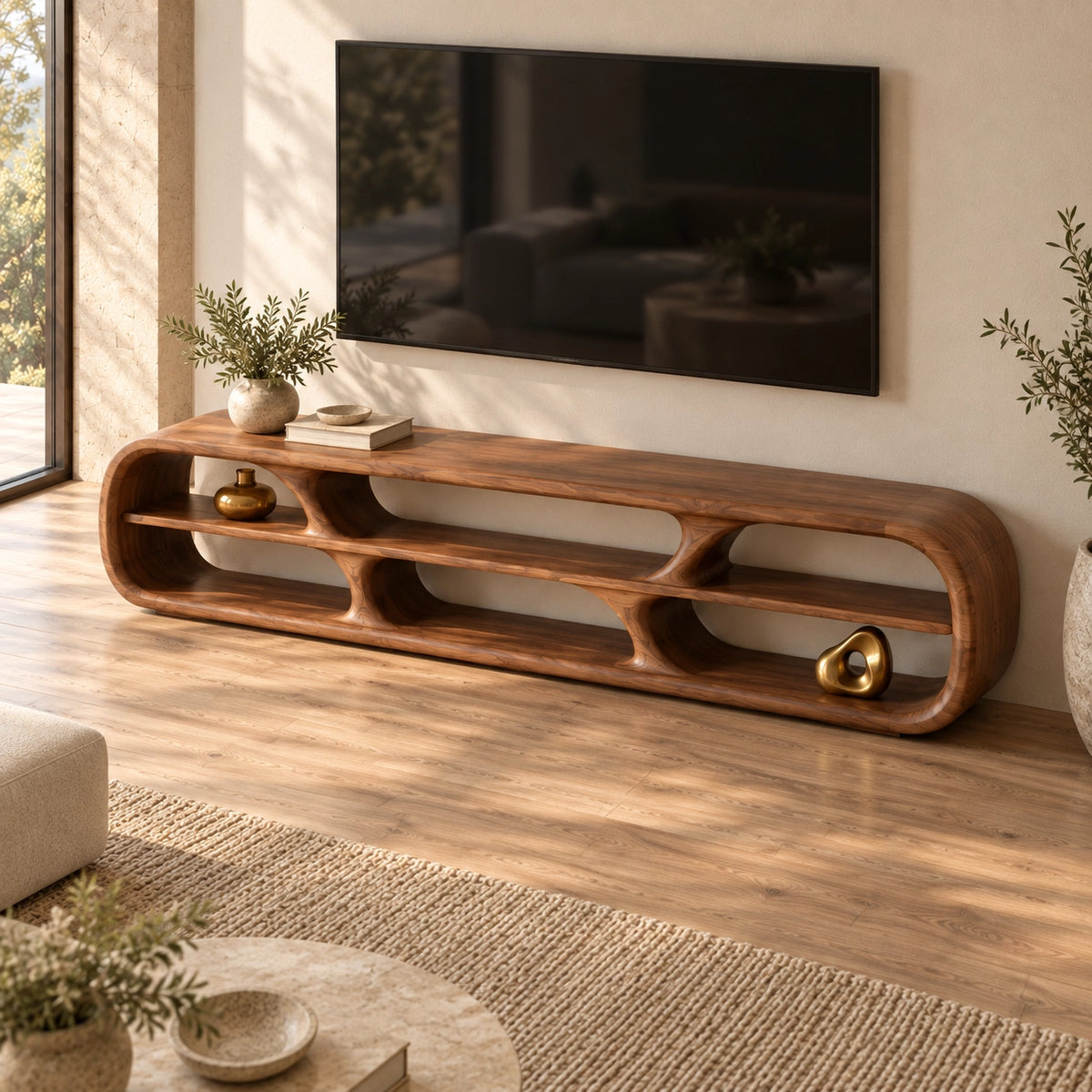 TV Stand with Rounded Open Storage Compartments in Natural Solid Wood - Rustiracraft - 5