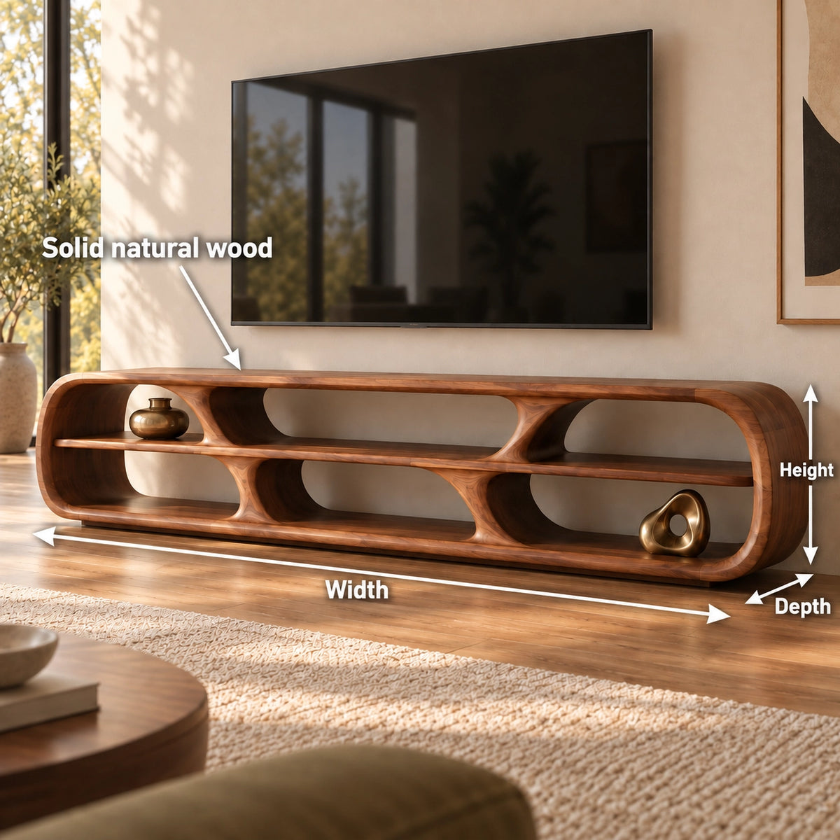 TV Stand with Rounded Open Storage Compartments in Natural Solid Wood - Rustiracraft - 6