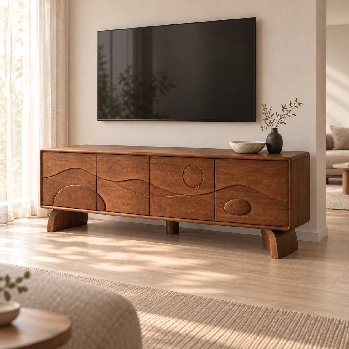 TV Stand with Sculptural Curved Doors in Natural Solid Wood for Living - Rustiracraft - 1