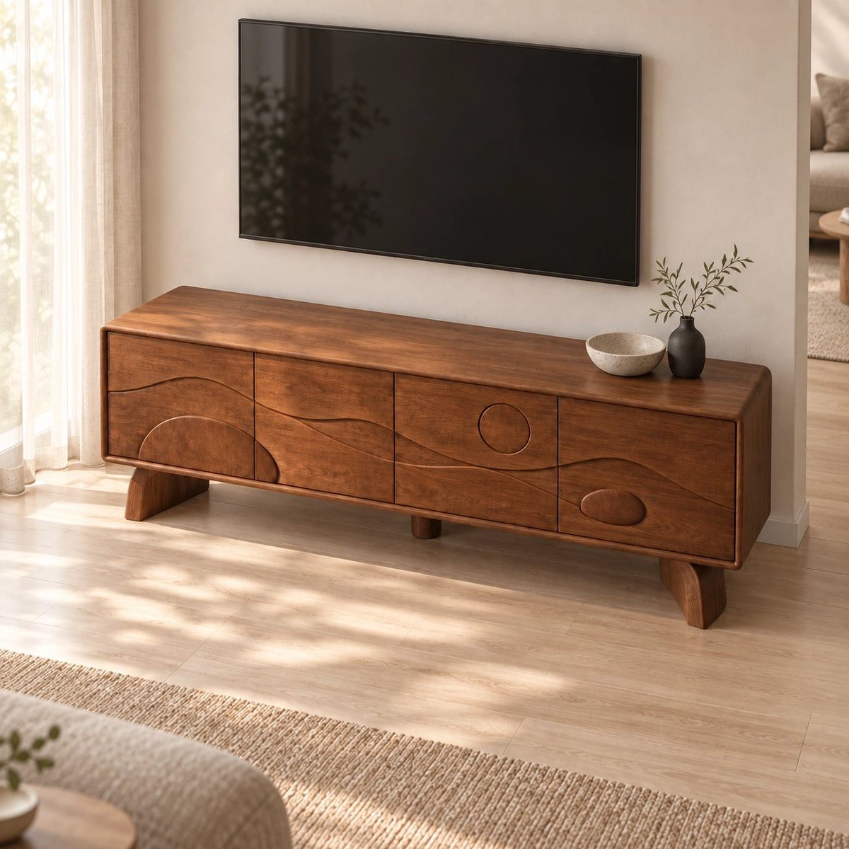 TV Stand with Sculptural Curved Doors in Natural Solid Wood for Living - Rustiracraft - 5