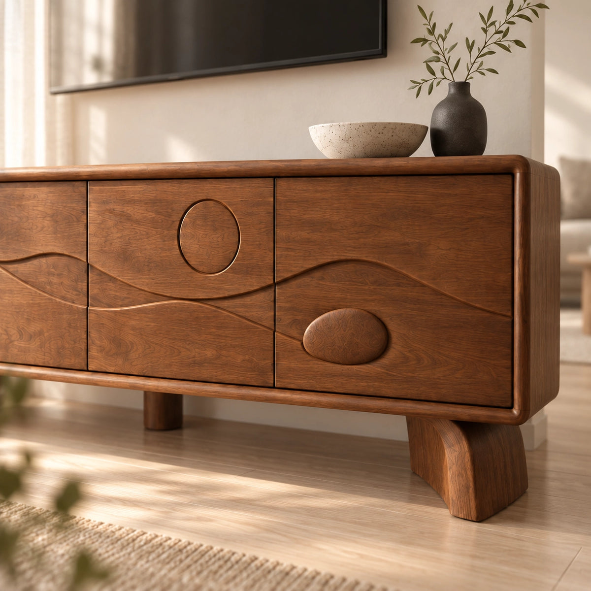 TV Stand with Sculptural Curved Doors in Natural Solid Wood for Living - Rustiracraft - 6