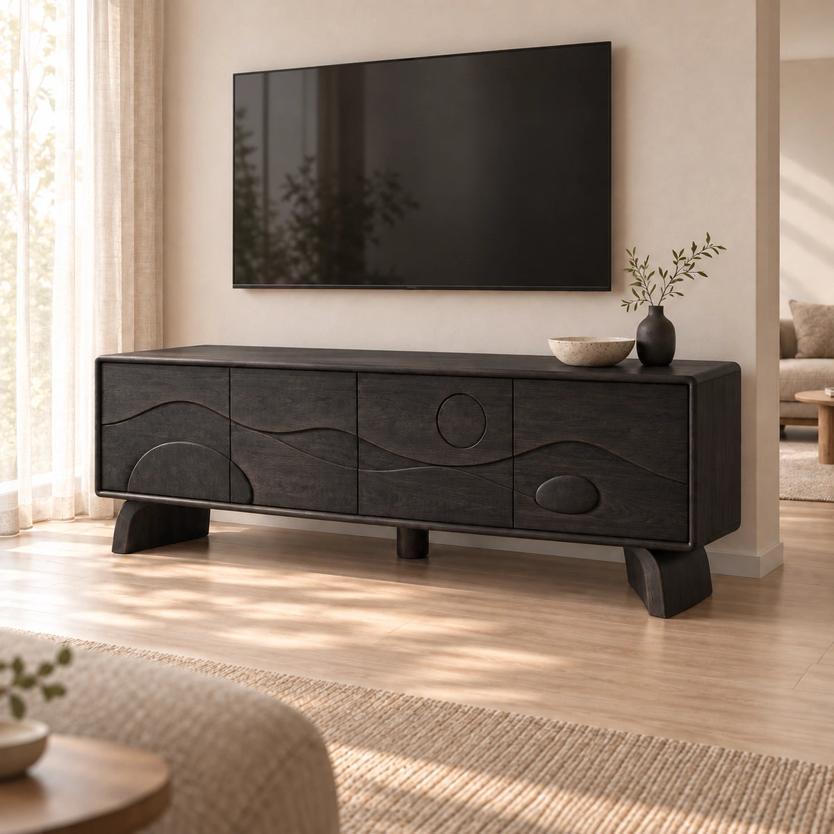 TV Stand with Sculptural Curved Doors in Natural Solid Wood for Living - Rustiracraft - 8