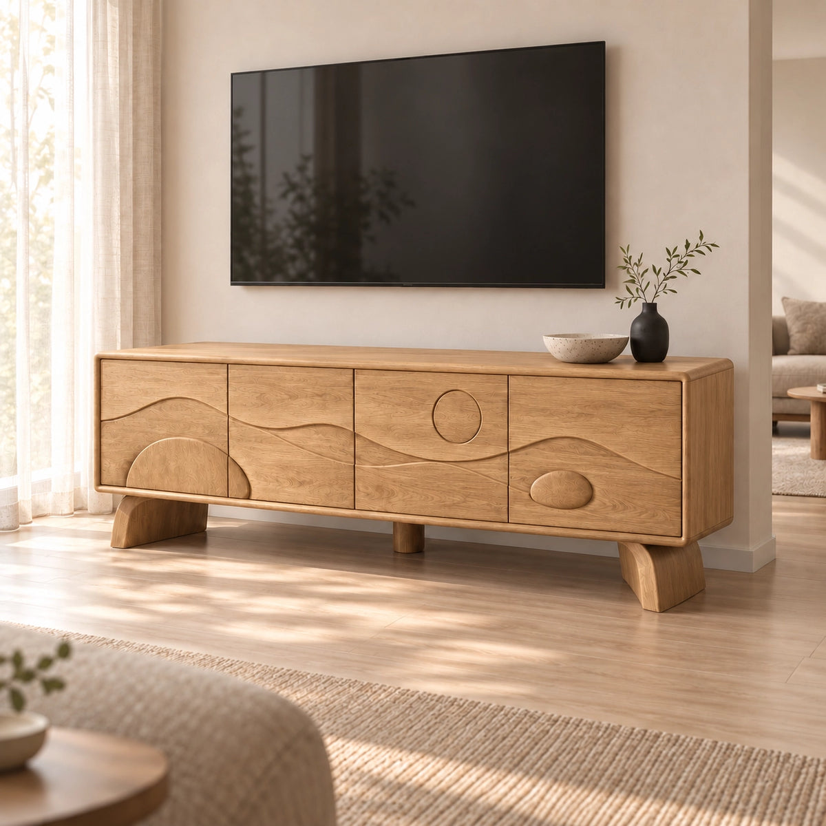 TV Stand with Sculptural Curved Doors in Natural Solid Wood for Living - Rustiracraft - 9