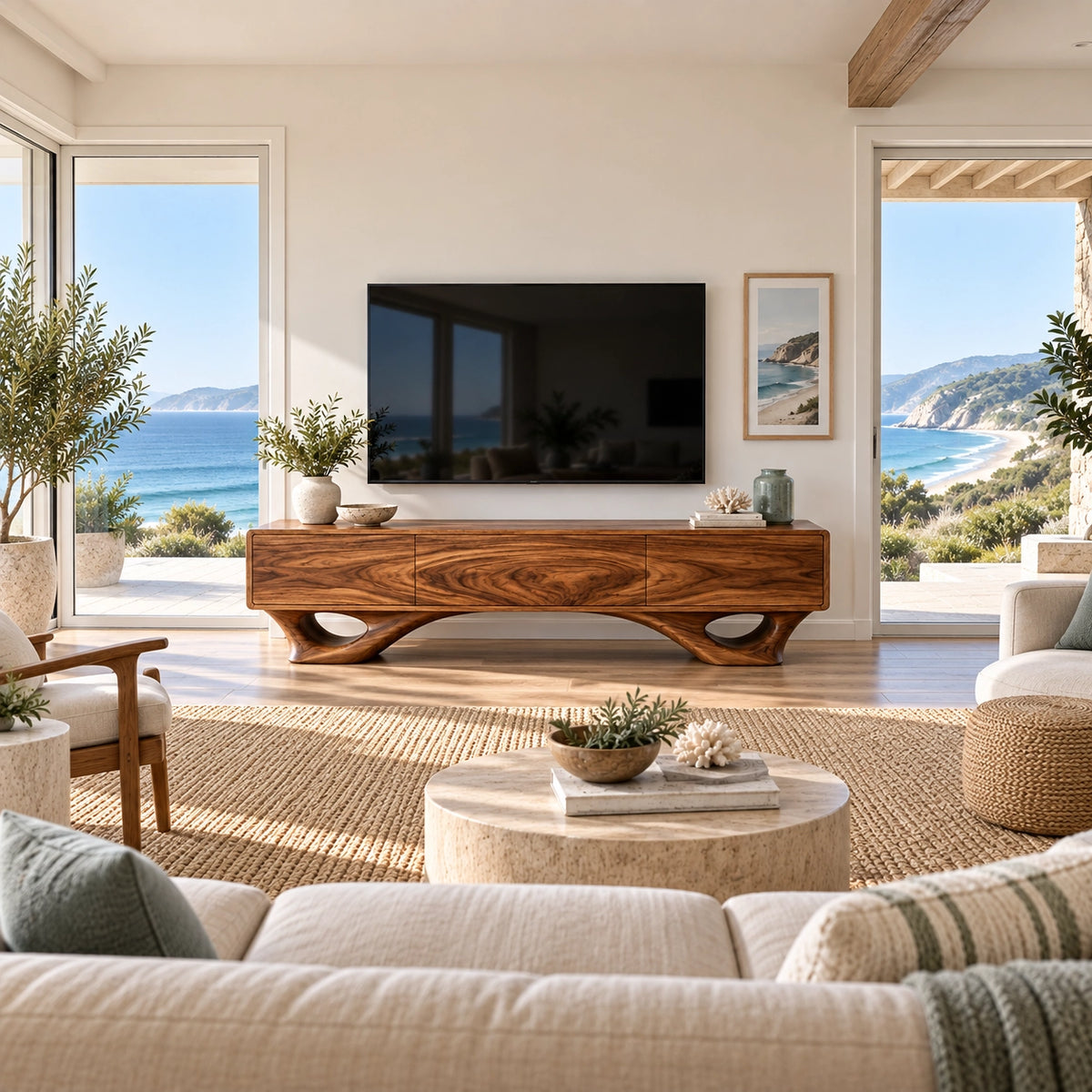 TV Stand with Sculptural Curved Legs in Natural Solid Wood for Living - Rustiracraft - 2