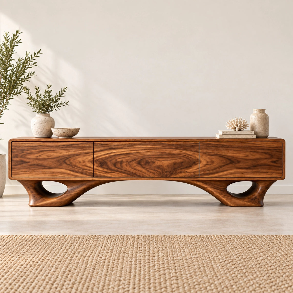 TV Stand with Sculptural Curved Legs in Natural Solid Wood for Living - Rustiracraft - 3