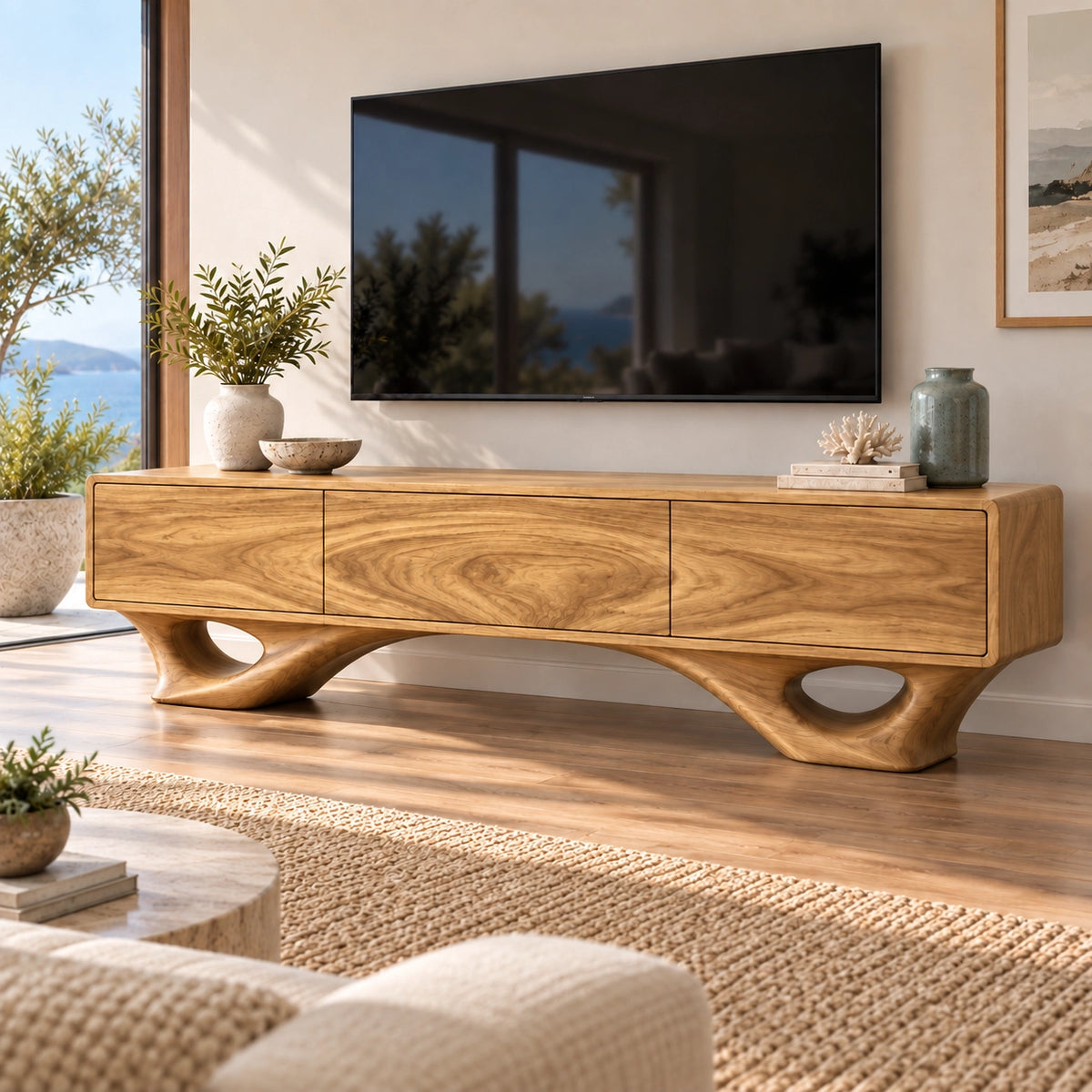 TV Stand with Sculptural Curved Legs in Natural Solid Wood for Living - Rustiracraft - 8
